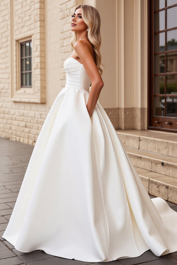 Strapless Ivory Satin A Line Wedding Dress